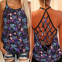 Negative Skull Floral Ornament Criss-Cross Open Back Tank Top, Coolest T-Shirt For Women - Wonder Skull