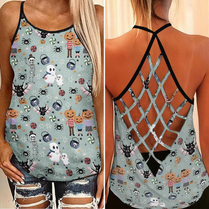 Skull Pumpkin Family Criss-Cross Open Back Tank Top, Hot T-Shirt For Women - Wonder Skull