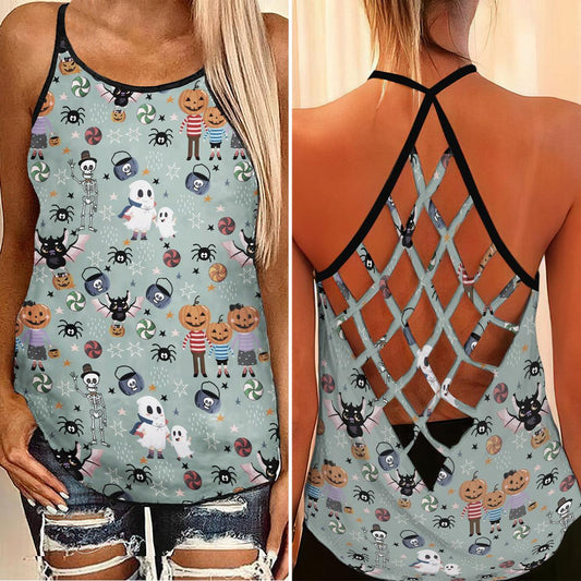Skull Pumpkin Family Criss-Cross Open Back Tank Top, Hot T-Shirt For Women - Wonder Skull