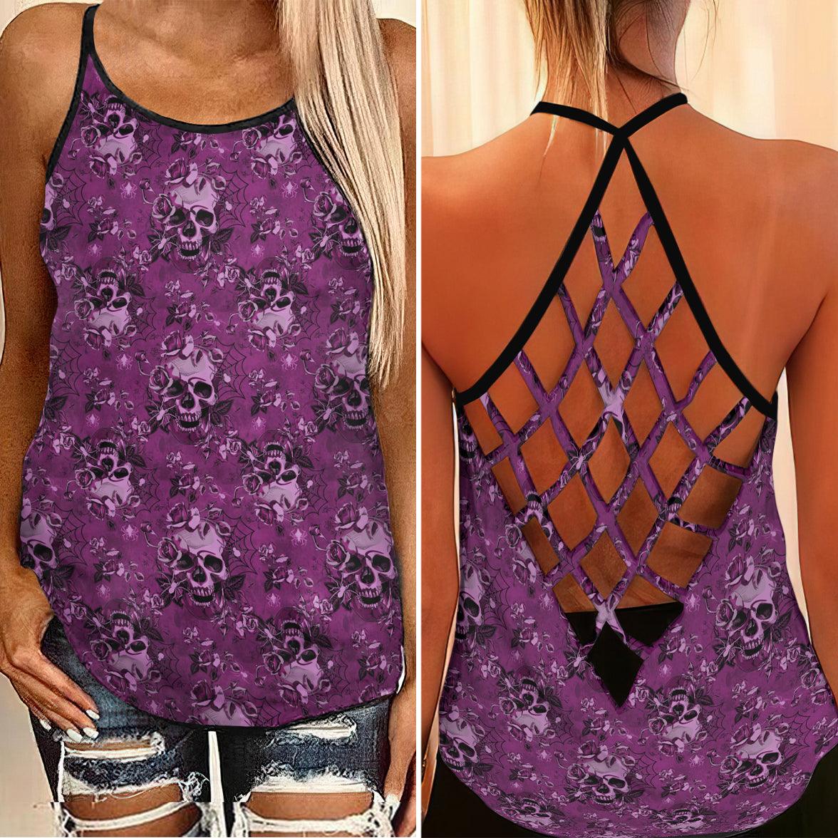 Violet Skull Butterfly Roses Criss-Cross Open Back Tank Top, Coolest T-Shirt For Women - Wonder Skull
