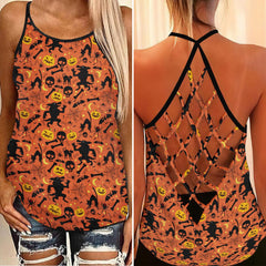 Halloween Skull Wolf Bat Criss-Cross Open Back Tank Top, Hot T-Shirt For Women - Wonder Skull