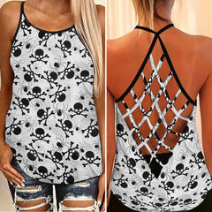 White Skull Spider Web Criss-Cross Open Back Tank Top, Coolest T-Shirt For Women - Wonder Skull