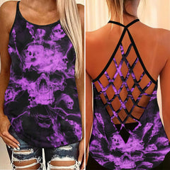 Purple Soul Skull Criss-Cross Open Back Tank Top, Coolest T-Shirt For Women - Wonder Skull