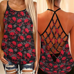 Black Red Camo Skull Criss-Cross Open Back Tank Top, Trending T-Shirt For Women - Wonder Skull