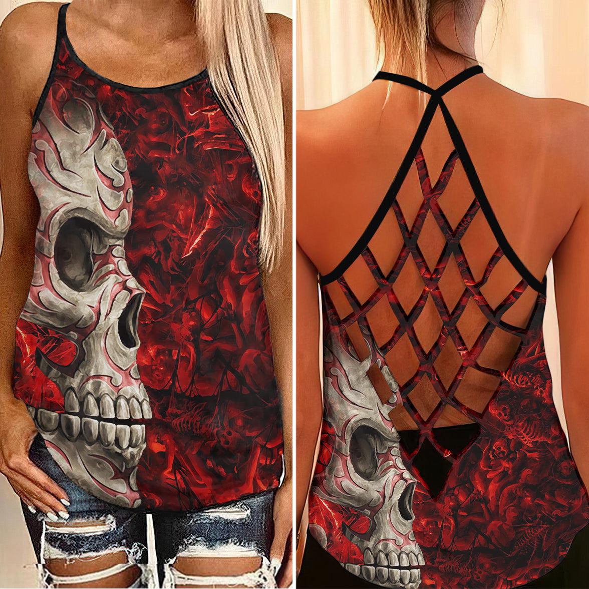 Red Roman Skull Criss-Cross Open Back Tank Top, Coolest T-Shirt For Women - Wonder Skull