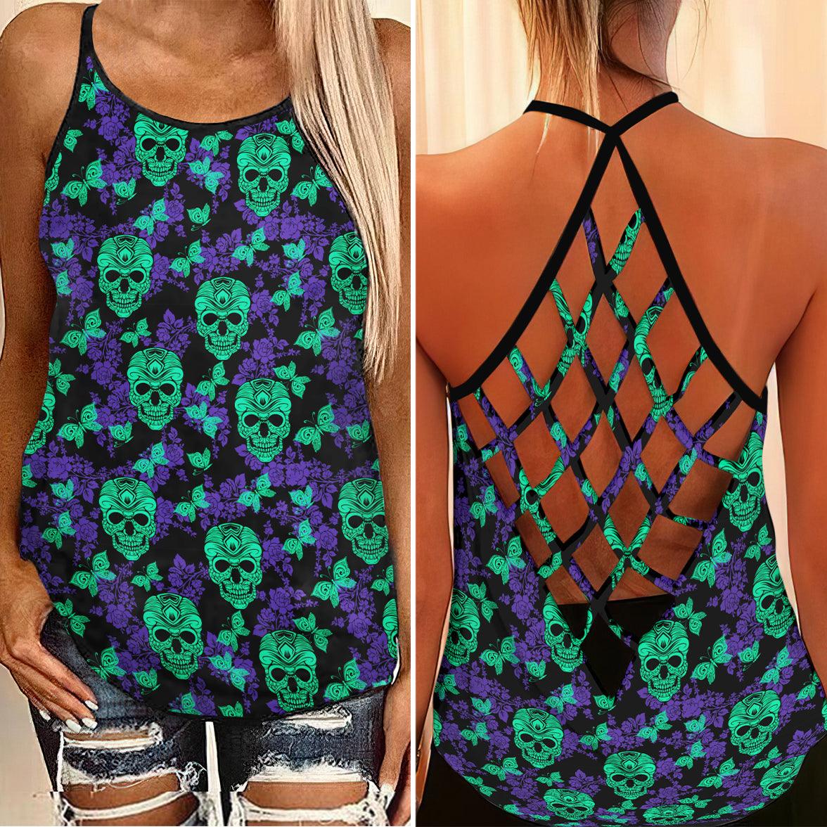 Green Purple Skull Paisley Butter Criss-Cross Open Back Tank Top, Coolest T-Shirt For Women - Wonder Skull