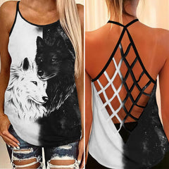 Black & White Wolf Criss-Cross Open Back Tank Top, Hot T-Shirt For Women - Wonder Skull