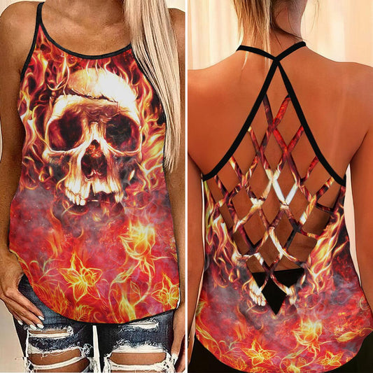 Fire Hell Skull Artwork Criss-Cross Open Back Tank Top, Trending T-Shirt For Women - Wonder Skull