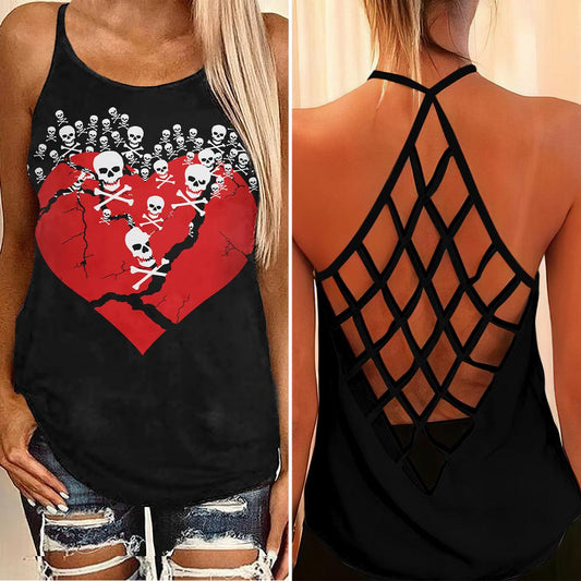 Skull Bone Heart Criss-Cross Open Back Tank Top, Hot T-Shirt For Women - Wonder Skull