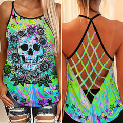 Rainbow Skull Rose Criss-Cross Open Back Tank Top, Hot T-Shirt For Women - Wonder Skull