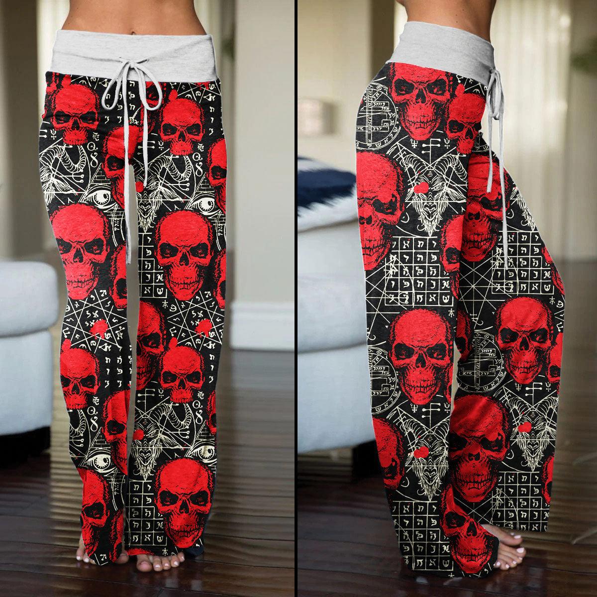 Skull Demon Pattern Pajama Pants Print Drawstring Palazzo Lounge - Wonder Skull