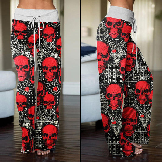Skull Demon Pattern Pajama Pants Print Drawstring Palazzo Lounge - Wonder Skull