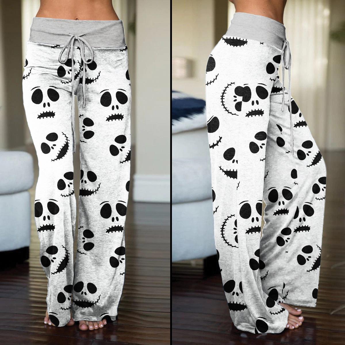 Nightmare White Face Pattern Pajama Pants Print Drawstring Palazzo Lounge - Wonder Skull