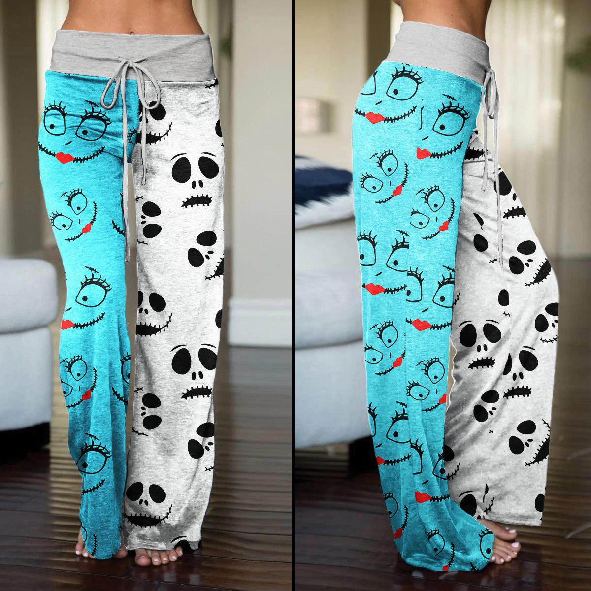 Nightmare White Half Blue Pajama Pants Print Drawstring Palazzo Lounge - Wonder Skull
