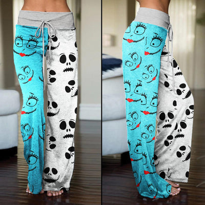 Nightmare White Half Blue Pajama Pants Print Drawstring Palazzo Lounge - Wonder Skull
