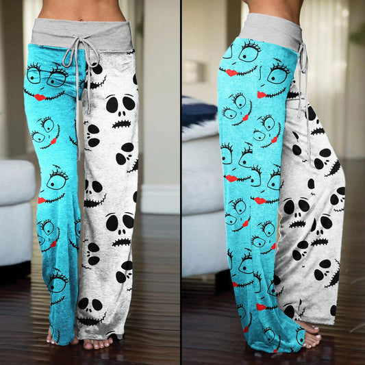 Nightmare White Half Blue Pajama Pants Print Drawstring Palazzo Lounge - Wonder Skull
