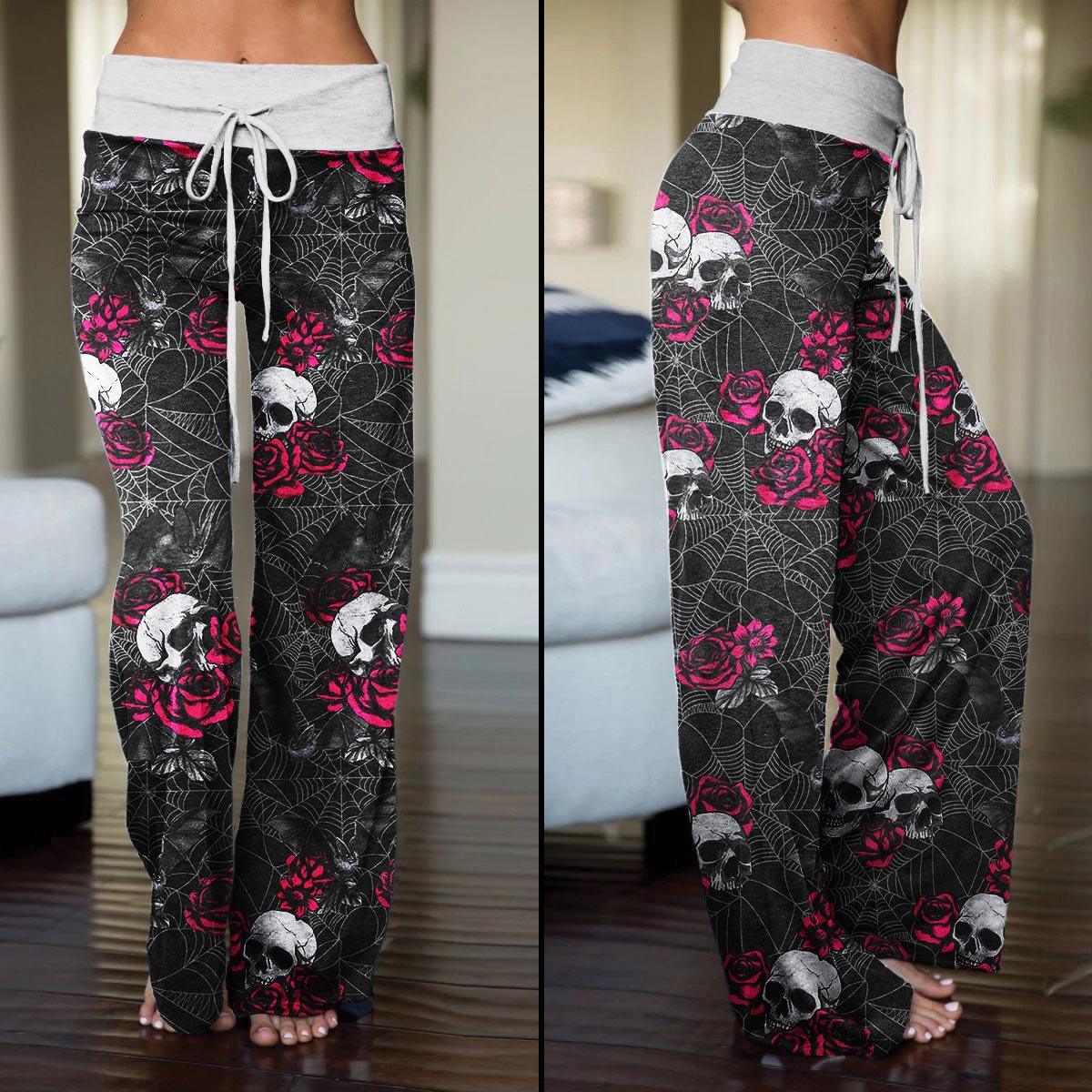 Skull Rose Spider Pajama Pants Print Palazzo Lounge - Wonder Skull