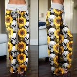 Skull Flower Pattern Pajama Pants Print Drawstring Palazzo Lounge - Wonder Skull