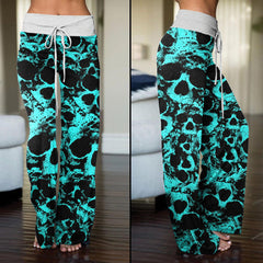 Skull Cyan Pattern Pajama Pants Print Palazzo Lounge - Wonder Skull