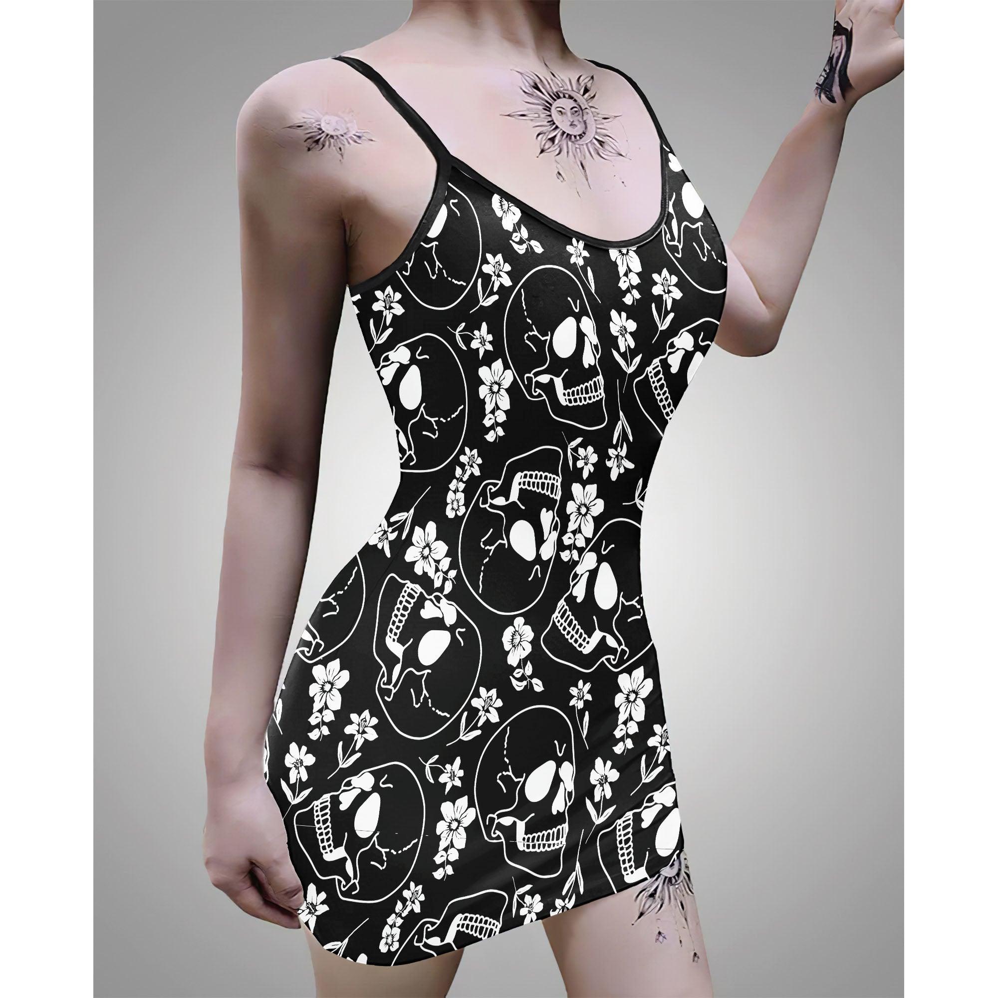 Negative Black Skull Floral Printed Body Dress, Hot Sleeveless Minidress For Women-Wonder Skull