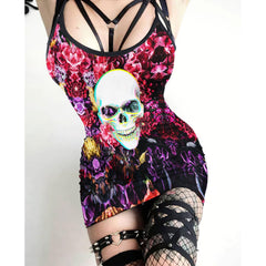 Negative Magenta Skull Bracteatum Printed Body Dress, Naughty Sleeveless Minidress For Women - Wonder Skull