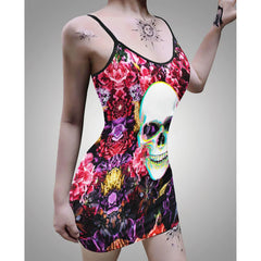 Negative Magenta Skull Bracteatum Printed Body Dress, Naughty Sleeveless Minidress For Women - Wonder Skull