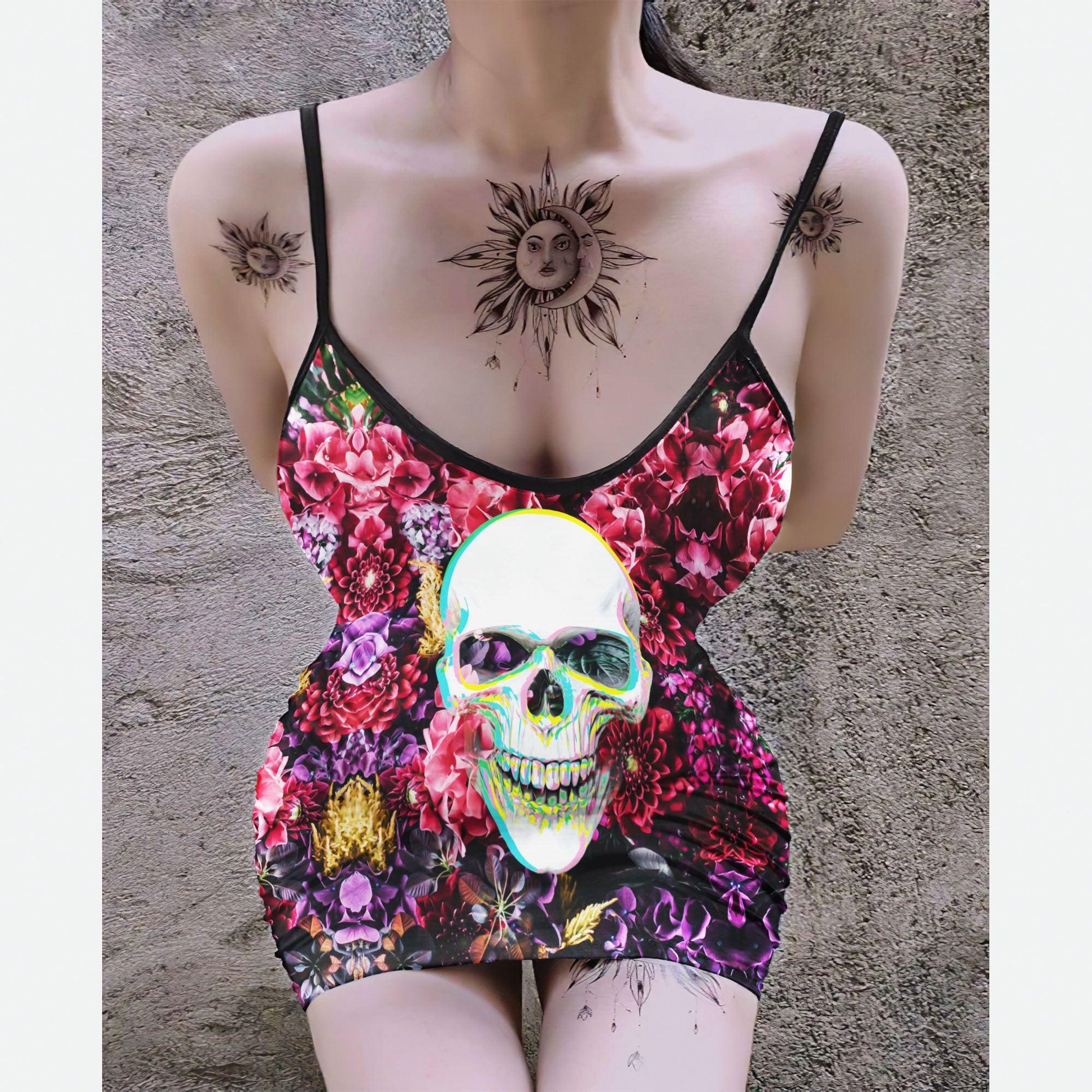 Negative Magenta Skull Bracteatum Printed Body Dress, Naughty Sleeveless Minidress For Women - Wonder Skull