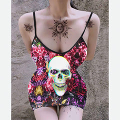 Negative Magenta Skull Bracteatum Printed Body Dress, Naughty Sleeveless Minidress For Women - Wonder Skull