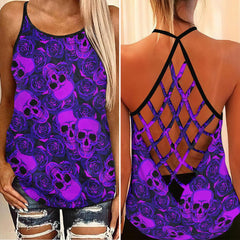 Negative Purple Skull Rose Criss-Cross Open Back Tank Top, Coolest T-Shirt For Women  - Wonder Skull