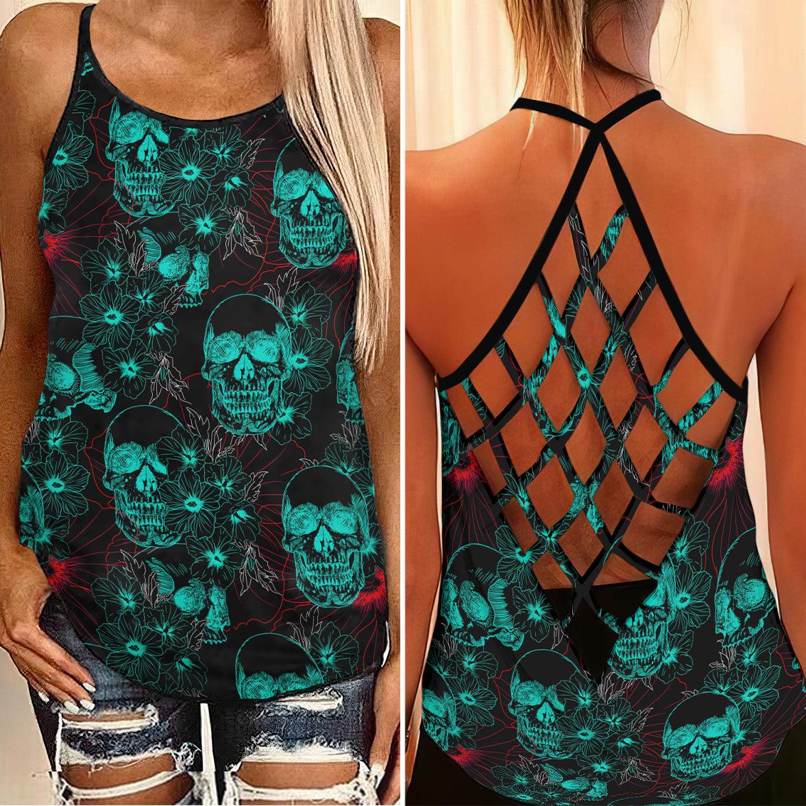 Negative Skull Gothic Criss-Cross Open Back Tank Top, Coolest T-Shirt For Women - Wonder Skull