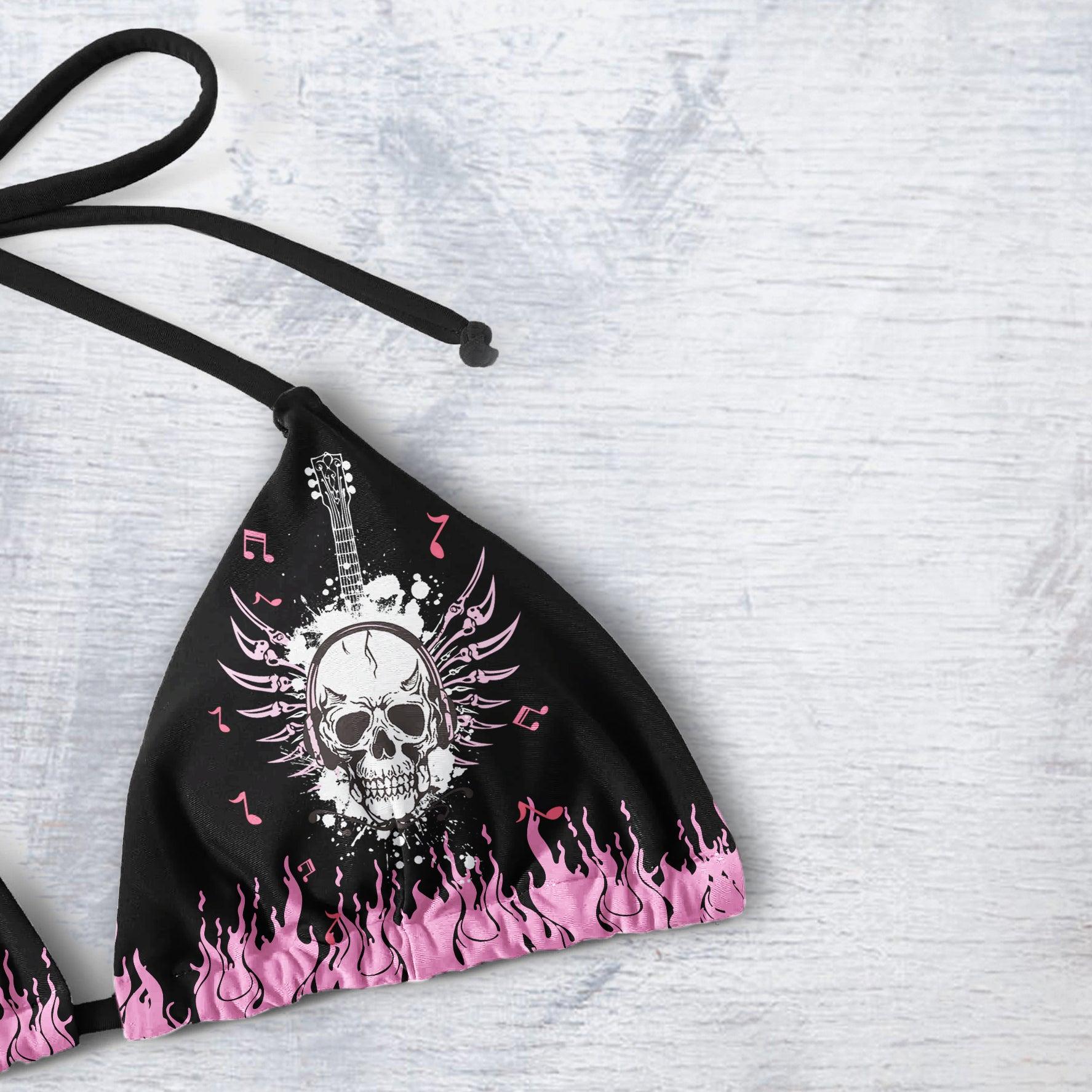 Pink Guitar Fire Skull Music Art String Triangle Bikini - Wonder Skull
