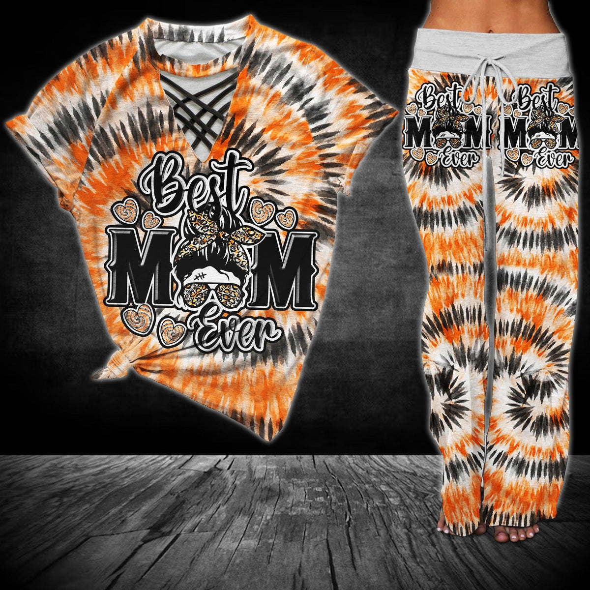 Orange Black Tribe Vibe Skull Mom V-Neck Shirt and Wide Legs Pants - Wonder Skull