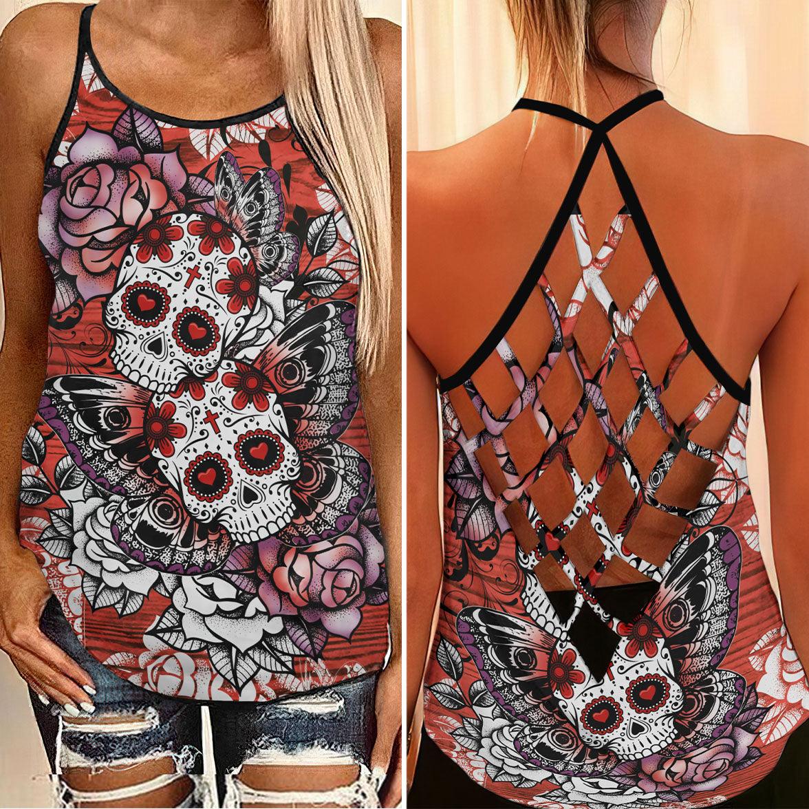 Orange Red Sugar Skull Butterfly Criss-Cross Open Back Tank Top, Coolest T-Shirt For Women - Wonder Skull