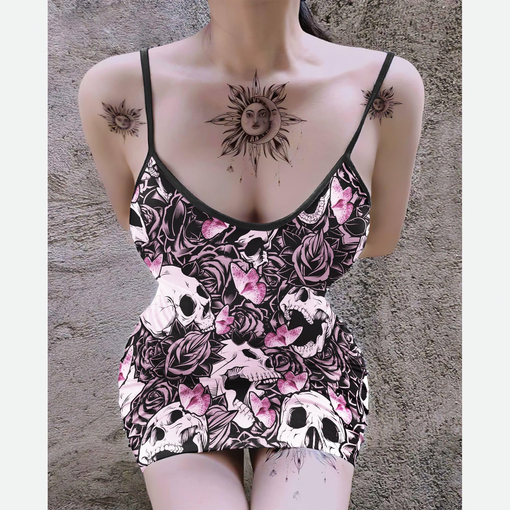 PaleVioletRed Skull Printed Body Dress, Naughty Sleeveless Minidress For Women-Wonder Skull