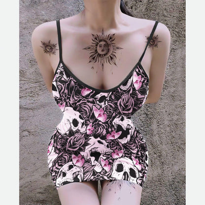 PaleVioletRed Skull Printed Body Dress, Naughty Sleeveless Minidress For Women-Wonder Skull