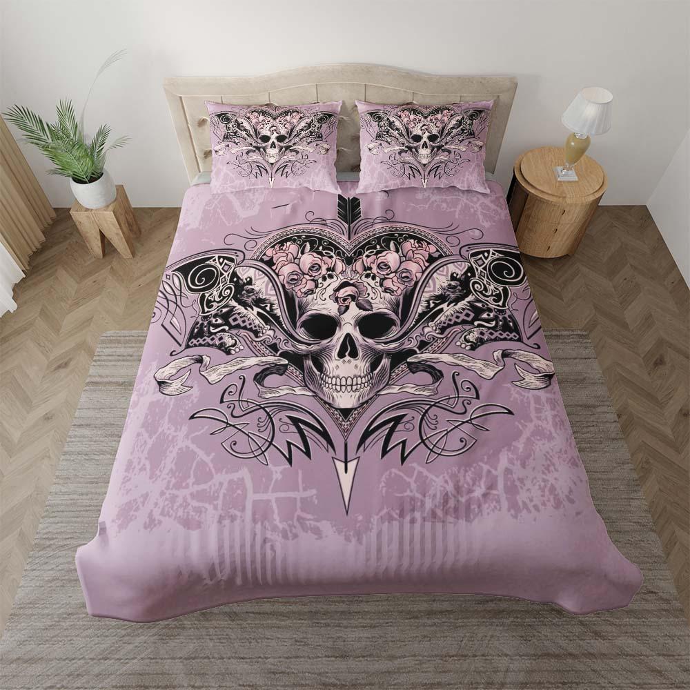 Pastel Purple Skull Heart And Roses Duvet Cover Set - Wonder Skull