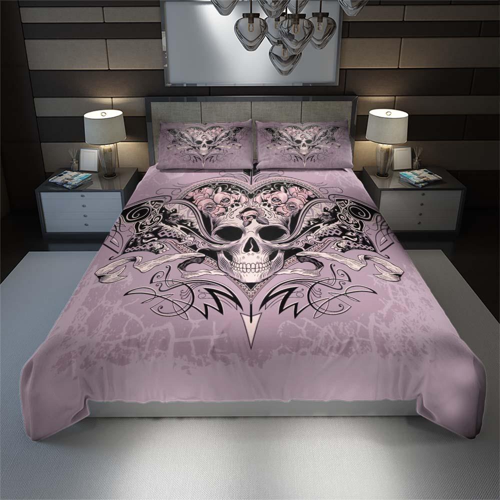 Pastel Purple Skull Heart And Roses Duvet Cover Set - Wonder Skull