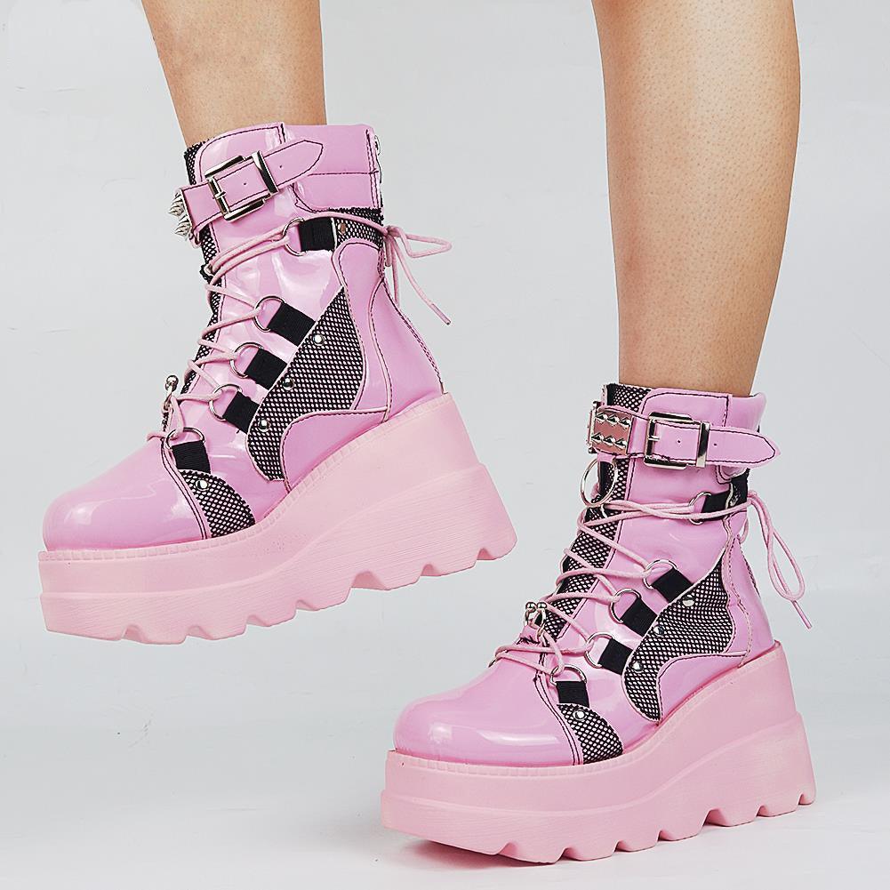 Pastel Goth Lace-Up Boots, Lovely Casual Comfort Shoes I Wonder Skull