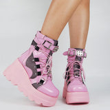 Pastel Goth Lace-Up Boots, Lovely Casual Comfort Shoes For Women - Wonder Skull