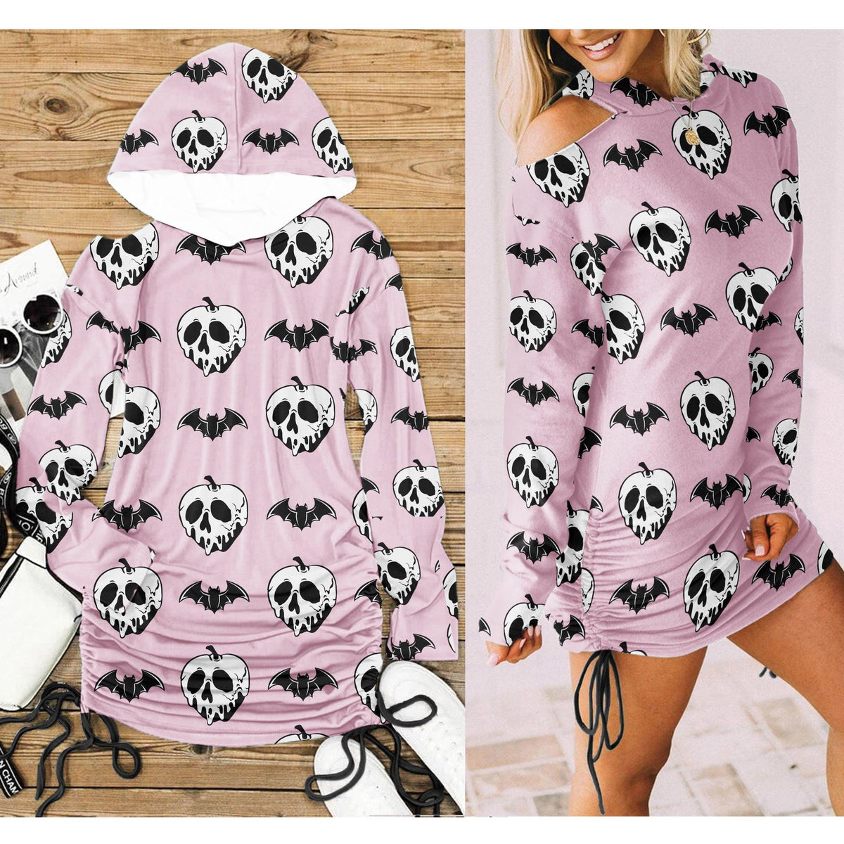 Pink Bat Skull All Over Print Women One Shoulder Dress With Waist Shirring, Long Hoodie For Women - Wonder Skull