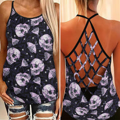 Pink Dark Skull Butterflt Gothic Rose Criss-Cross Open Back Tank Top, Trending T-Shirt For Women - Wonder Skull