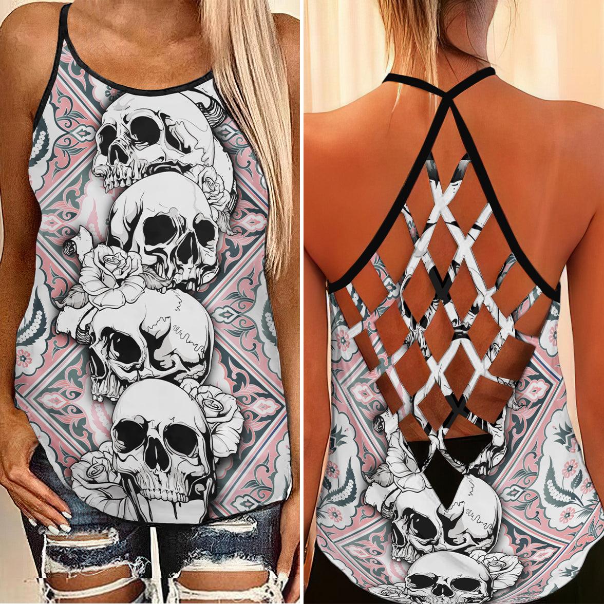 Pink Floral Skull Criss-Cross Open Back Tank Top, Coolest T-Shirt For Women - Wonder Skull