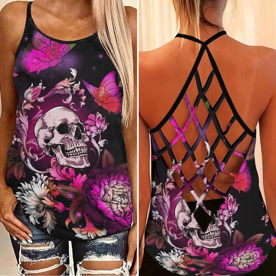 Pink Skull Butterfly Rose Criss-Cross Open Back Tank Top, Coolest T-Shirt For Women - Wonder Skull