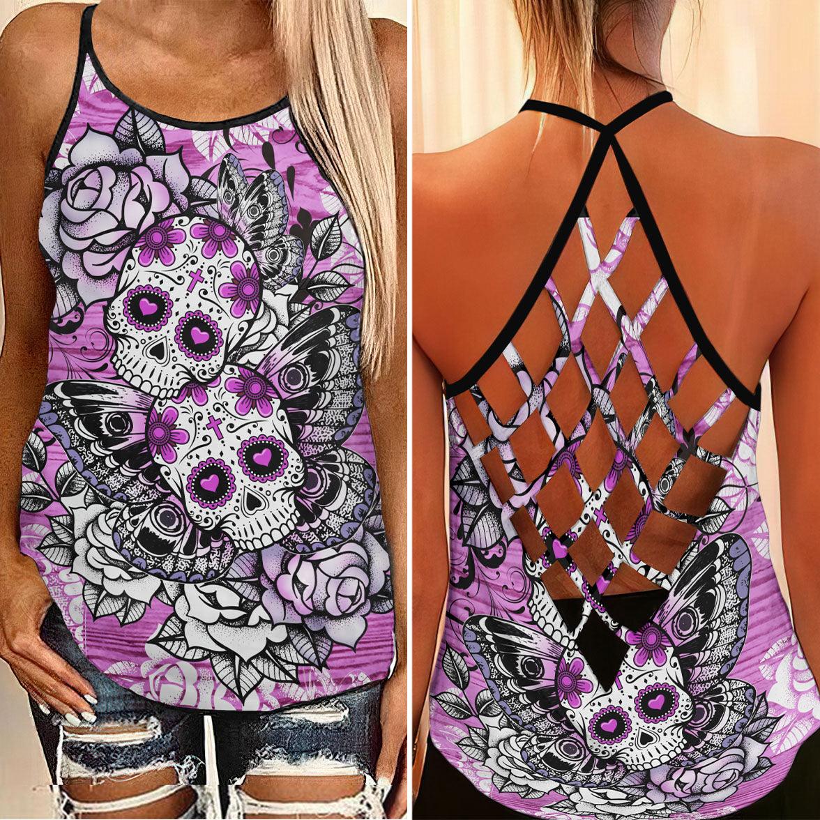 Pink Sugar Skull Butterfly Criss-Cross Open Back Tank Top, Coolest T-Shirt For Women - Wonder Skull