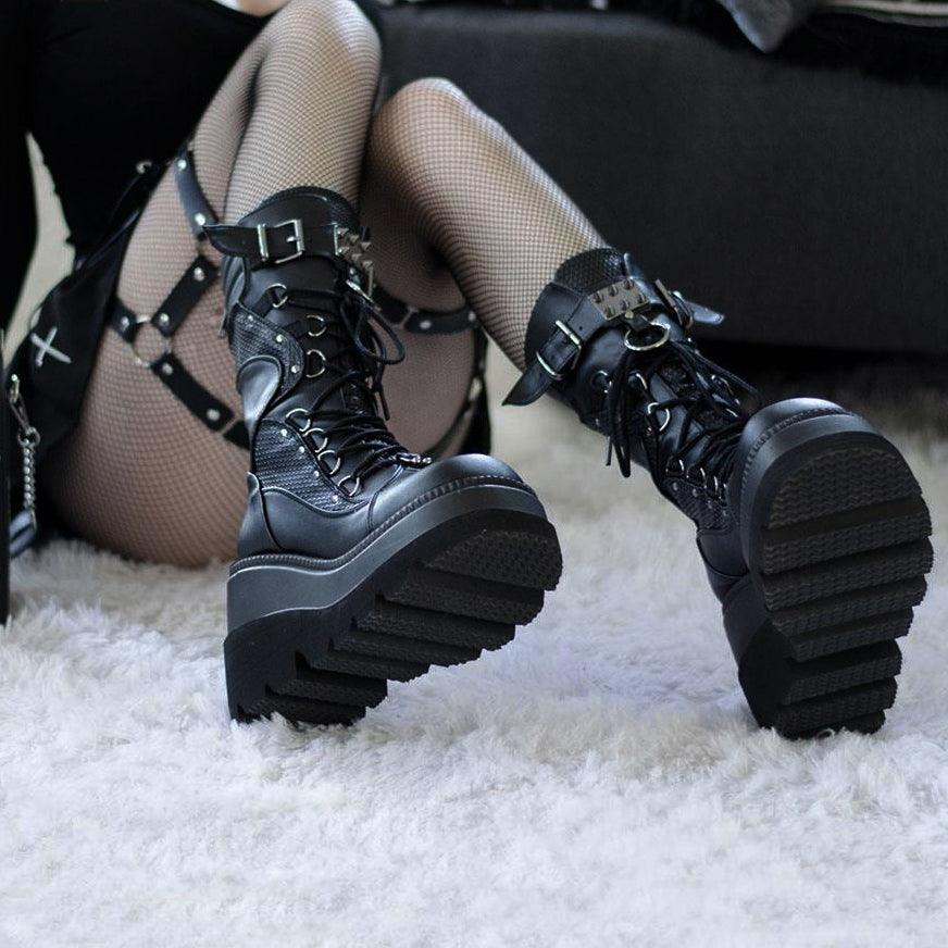 Punk Gothic High Platform Boots, Amazing Lace-Up Mid-Calf Shoes For Women - Wonder Skull
