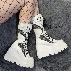 Punk Gothic High Platform Boots, Amazing Lace-Up Mid-Calf Shoes For Women - Wonder Skull