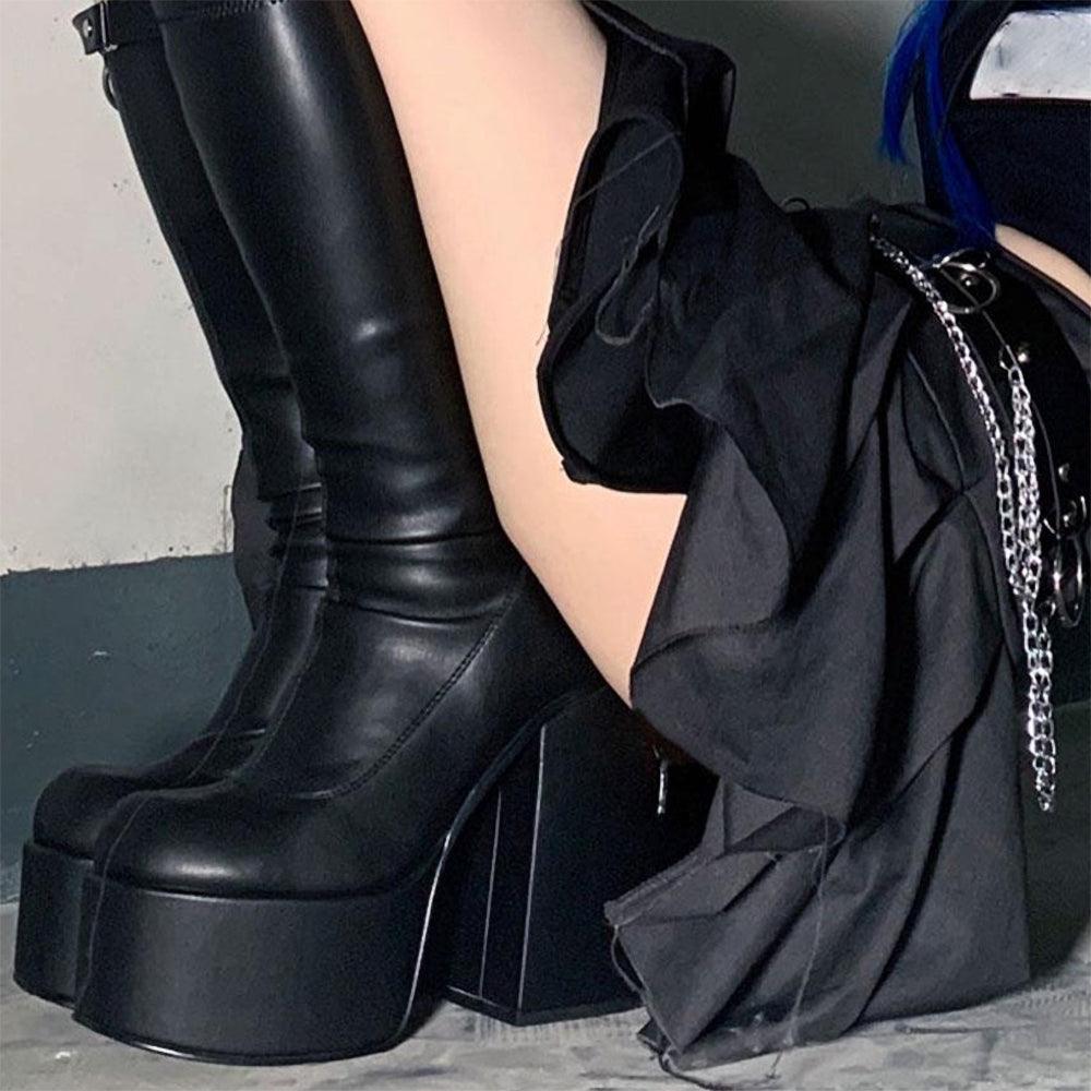 Punk Gothic Platform Boots, Sexy Calf Shoes For Women - Wonder Skull