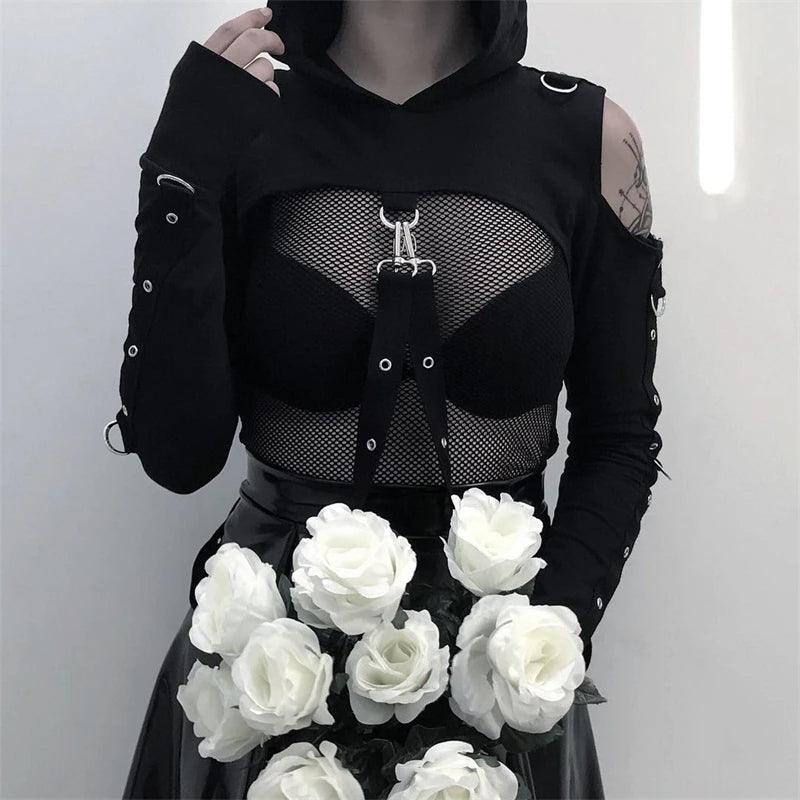 Punk Gothic Sexy Lace Crop Hoodie, Cool Long Sleeve Top For Women - Wonder Skull