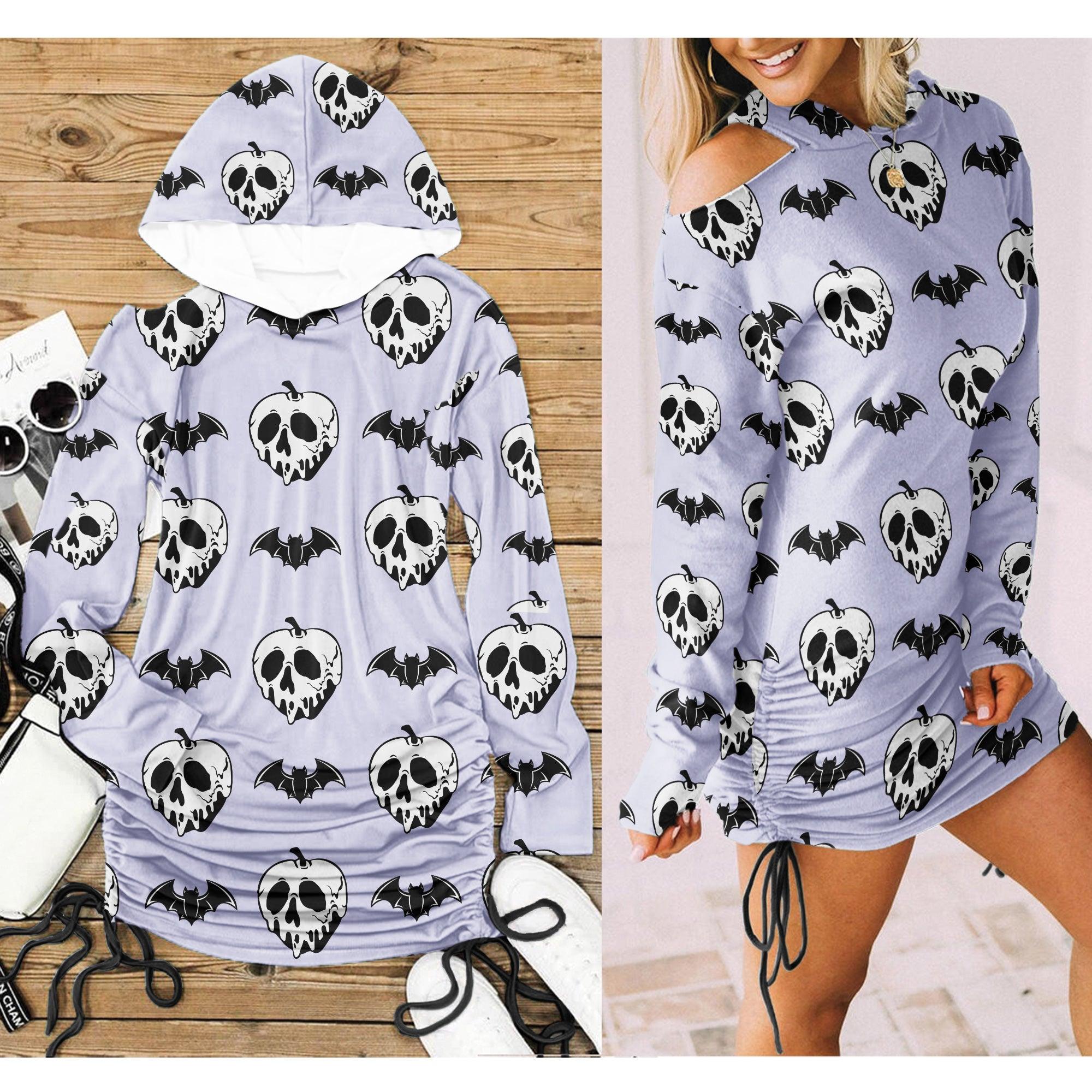 Purple Bat Skull All Over Print Women One Shoulder Dress With Waist Shirring, Long Hoodie For Women - Wonder Skull