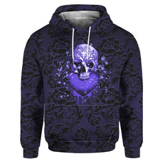 Purple Hearts Sugar Skull All Over Print Unisex Pullover Hoodie, Outerwear - Wonder Skull